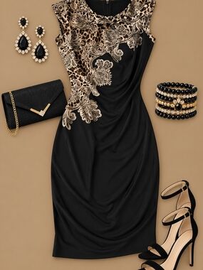 Cache Black Midi Dress with Gold Lace and Leopard Accents